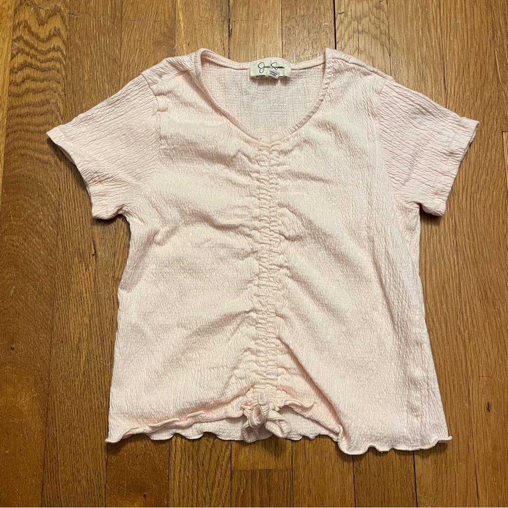 Jessica Simpson Kids Light Pink Crepe Textured Short Sleeve Crop Top, Size M(8)